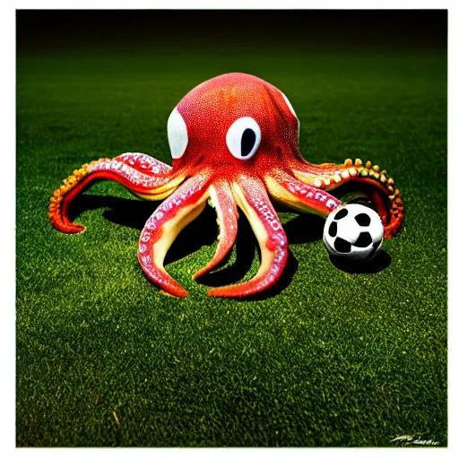 Image similar to a friendly large octopus playing soccer, on a soccer field, realistic photo, award winning photo, ultra wide shot, 3 5 mm, bokeh, blurred background, colorful lights, golden ratio