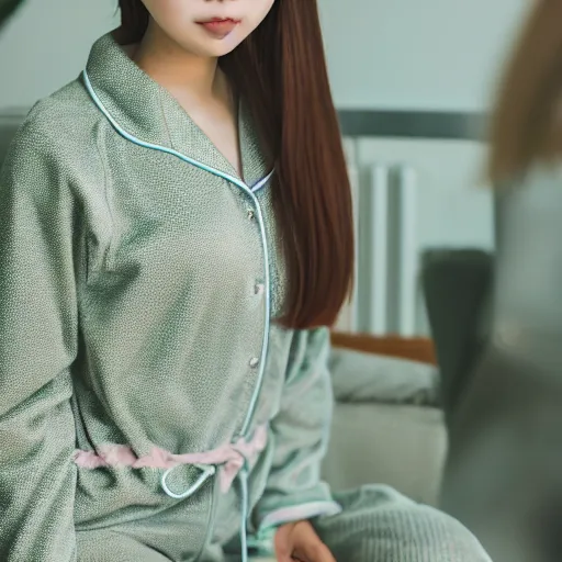 Image similar to photo of a cute Japanese girl wearing comfy pajamas, kawaii, high depth of field, 4k, 70 mm, sigma lens, reflection, exposured, saturated