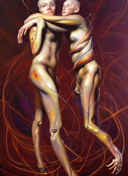 Prompt: a strange, biomorphic painting of two humanoid figures entwined and draped in silk, in the style of jenny saville, in the style of charlie immer, sci fi space background by greg hildebrandt, mark brooks, highly detailed, dramatic, emotionally evoking, head in focus, volumetric lighting, oil painting, timeless disturbing masterpiece