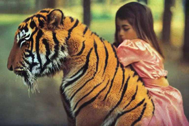 Image similar to close-up color film photography 1970s, girl hugs a tiger, soft light, 35mm, film photo, Joel Meyerowitz