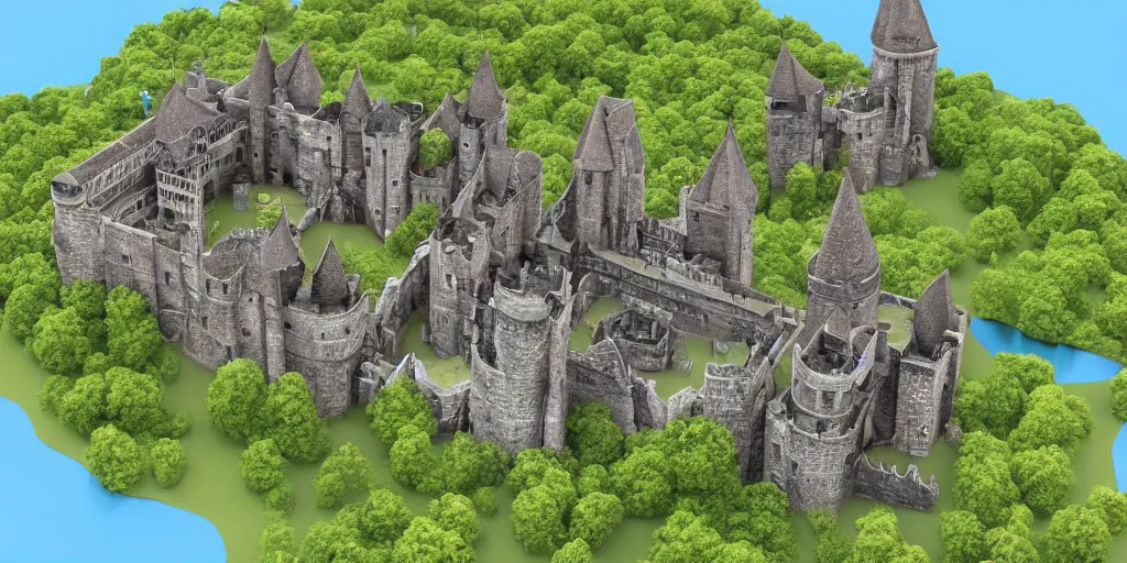 Prompt: medieval castle in a jungle with towers and moat, 3 d, isometric