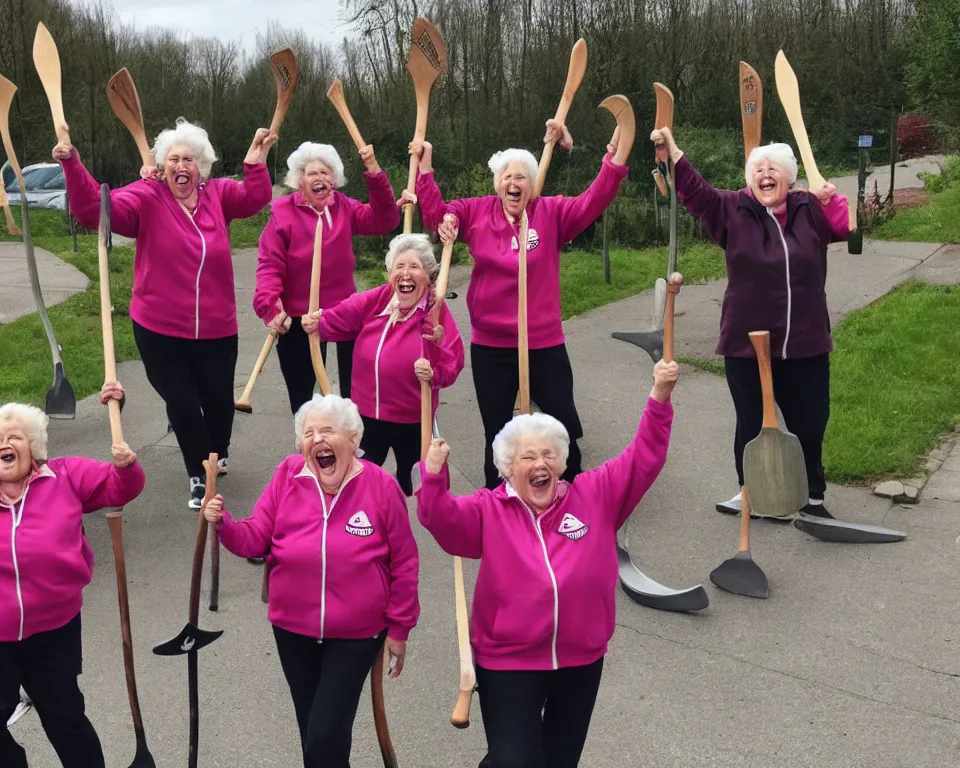 Image similar to a gang of old ladies waving axes, and flowers, and wearing Umbro track suits laughing maniacally and screaming