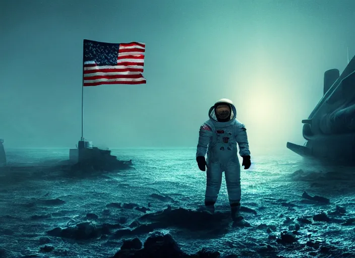 Image similar to astronaut holding a flag in an underwater desert. a submarine is visible in the distance. dark, concept art, cinematic, dramatic, atmospheric, 8 k, trending on artstation, blue, fish, low visibility, fog, ocean floor, christopher nolan, interstellar