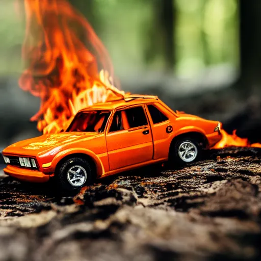 Image similar to macro photography of a toy hot wheels car driving through a forest fire, 3 5 mm