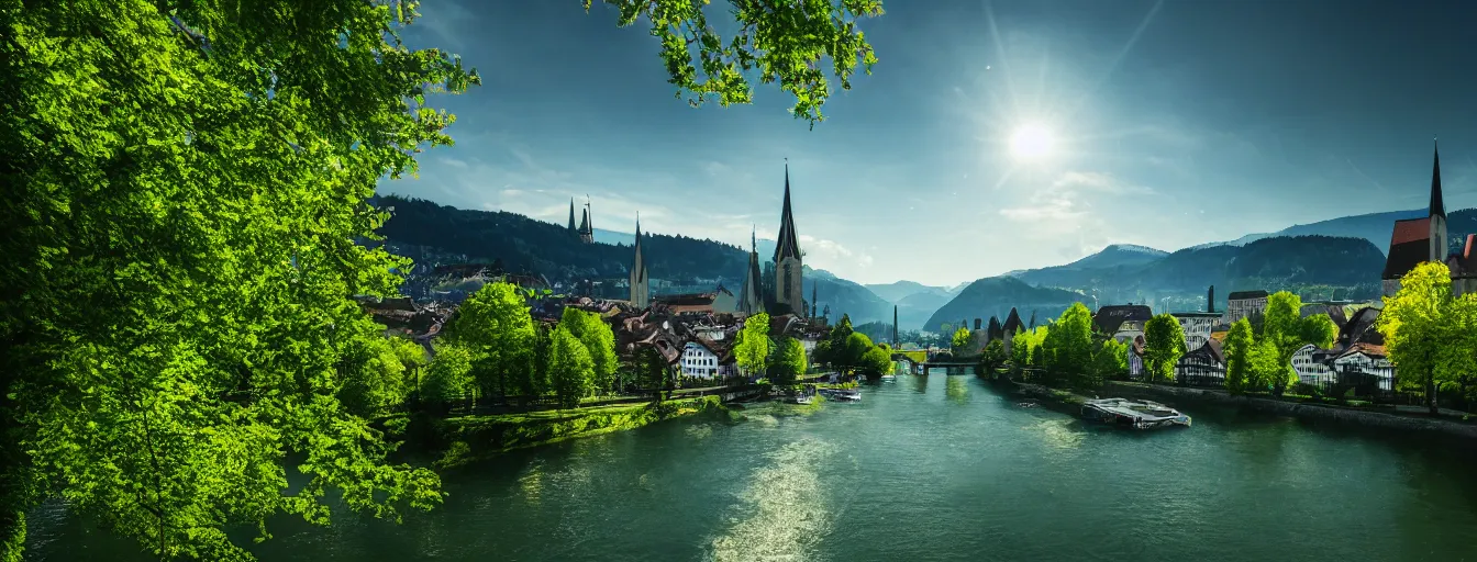 Image similar to Photo of Zurich, looking down the river at the lake and the alps, Hardturm, Grossmünster, wide angle, trees, volumetric light, hyperdetailed, green water, artstation, cgsociety, 8k