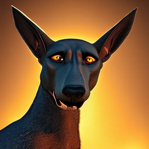 Image similar to portrait of anubis, black doberman face, angry look, ready for battle, masterpiece, mattepainting concept blizzard pixar maya engine on cold night stylized background splash comics global illumination lighting artstation by samwise didier