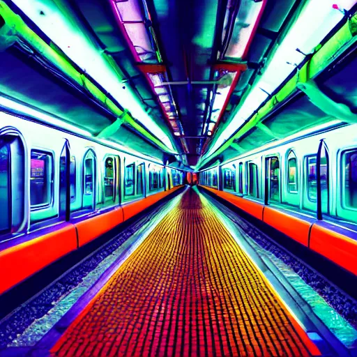 Image similar to underground train station, futuristic, neon colours, highly saturated colours, cross section view, high def, 8 k, hd, realistic, highly detailed,