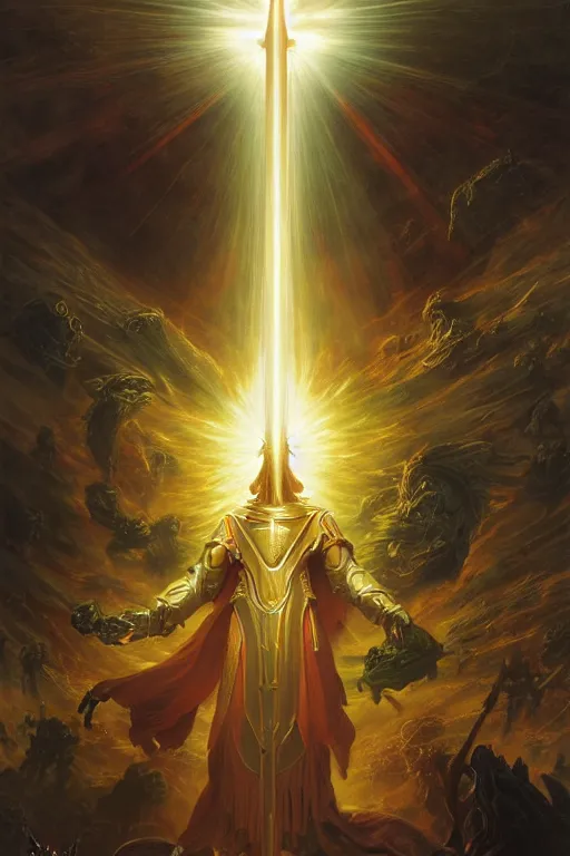 Image similar to holy paladin with light powers, by art by thomas cole and wayne barlowe highly detailed, 8 k, hdr, close up, smooth, sharp focus, high resolution, award - winning photo