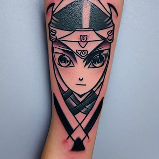 Image similar to japanese female samurai anime ninja schoolgirl, chibi, tattoo on upper arm