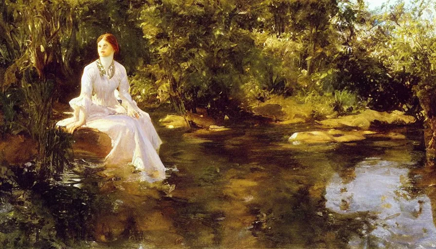 Image similar to artwork painting of a woman looking into the water, there are figures under the water looking by eugene von guerard, ivan shishkin, john singer sargent