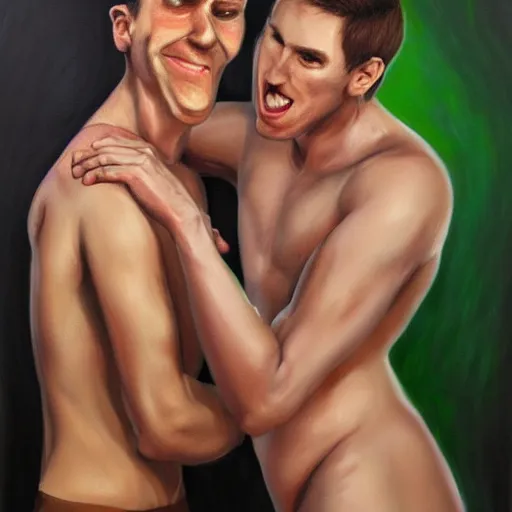 Prompt: Caricature portraits done of Shirtless Jerma and shirtless Vinny Vinesauce intensely making out, hyperrealistic, very realistic, highly detailed, very detailed, extremely detailed, detailed, oil painting, digital art, trending on artstation