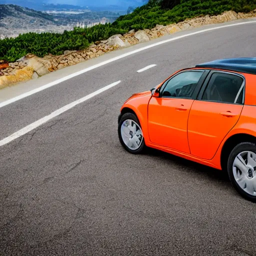 Prompt: A car in the format of an orange, riding in a mountain highway with a beautiful beach in the background. Award winning photography, 8k