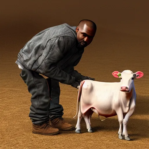 Image similar to kanye west milking a cow, realistic, 8 k, high details, detailed face, sharp focus