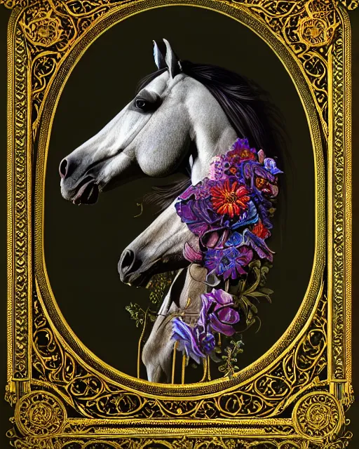 Image similar to side portrait of the horse of iridescent decay, uniquely beautiful animal, with flowers and plants, emotionally evoking symbolic metaphors, in focus, heavily gothic ornamental, intricate, elegant, highly detailed photorealistic digital painting, artstation, concept art, painterly, golden ratio, sharp focus, illustration, art by greg rutkowski and alphonse mucha,