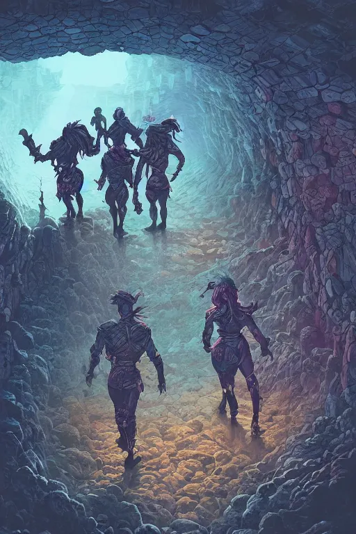 Image similar to adventuring party of 3 gamma world mutants walking through the interior of a dungeon, in the style of Rob Lefield and Dan Mumford , trending on artstation, digital art,surrealism ,macro,blueprint ,vaporwave ,