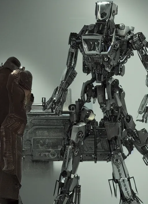 Image similar to mecha wearing black torn cloak cloth exposing chrome internals wiring harness armored damaged. creepy decay style of Roger Deakins Jeremy Saulnier Newton Thomas Sigel Robert Elswit Greig Fraser trending rtx on ue4