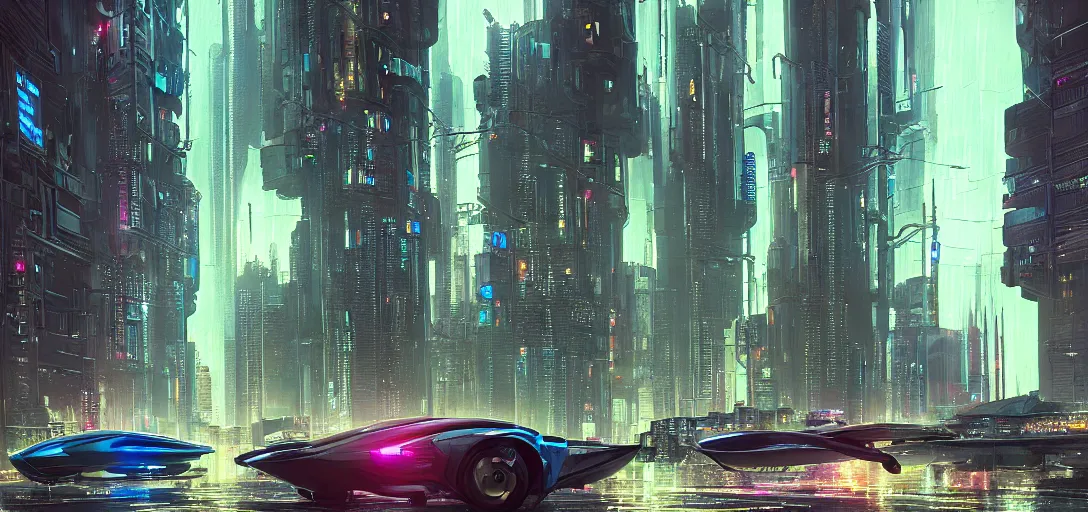 Image similar to view from the ground of a futuristic cyberpunk city at night in rain, with flying cars, symmetry, cinematic lighting, ultra detailed, sharp, ambient occlusion, raytracing, by greg rutowski, paul chadeisson and jessica rossier