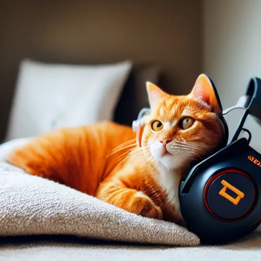 Prompt: Adorable orange tabby cat wearing gaming headphones, lying on a fuzzy blanket, in a sunbeam, cozy, golden hour, there is a D&D dice set next to the cat
