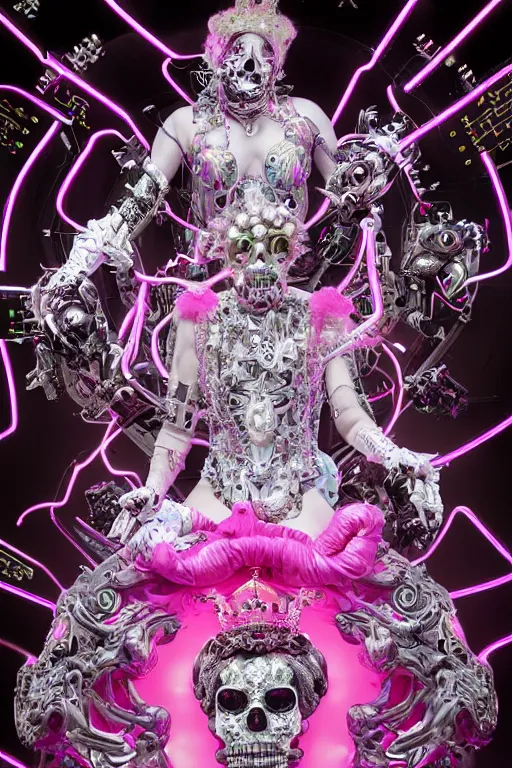 Image similar to full-body rococo and cyberpunk style neon statue of a young attractive portugues macho dotado android reclining sim roupa con piroca dura, glowing white laser eyes, prince crown of pink gears, diamonds, swirling silver-colored silk fabric. futuristic elements. full-length view. space robots. human skulls. intricate artwork by caravaggio. Trending on artstation, octane render, cinematic lighting from the right, hyper realism, octane render, 8k, depth of field, 3D