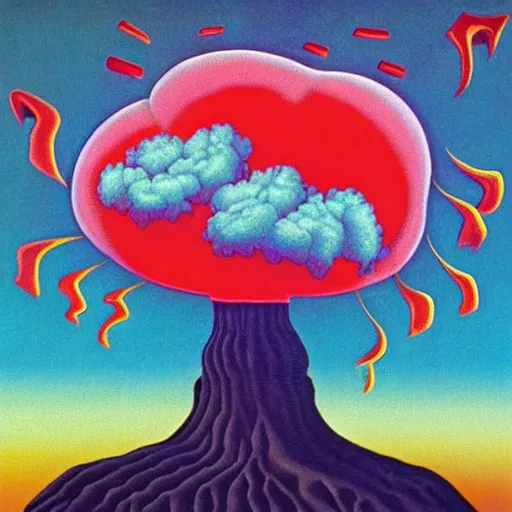 Image similar to 8 0 s new age album cover depicting a mushroom cloud in the shape of guy fieri, very peaceful mood, oil on canvas by mc escher