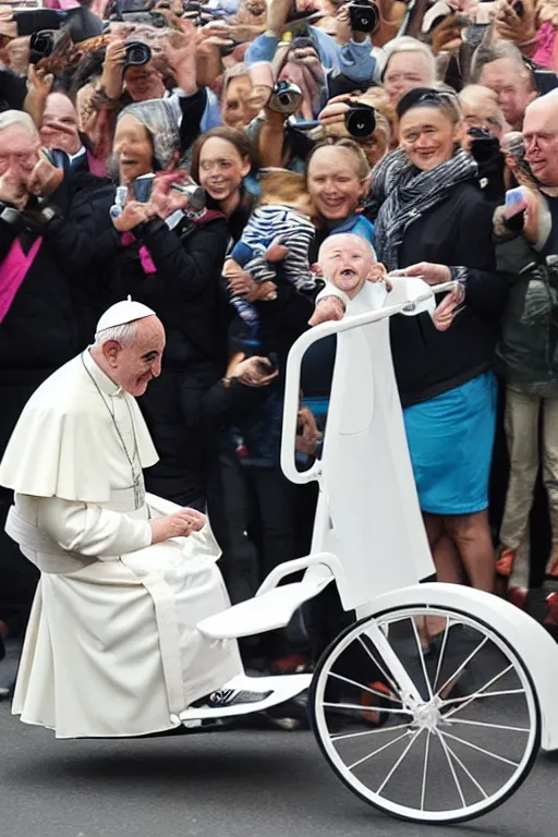 Prompt: the pope riding a childs tricycle