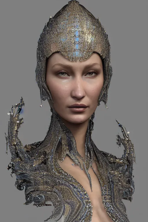 Image similar to a highly detailed metahuman 3 d render of an alien goddess bella hadid in iris van herpen dress schiaparelli in diamonds and jewelry in style of alphonse mucha trending on artstation made in unreal engine 4