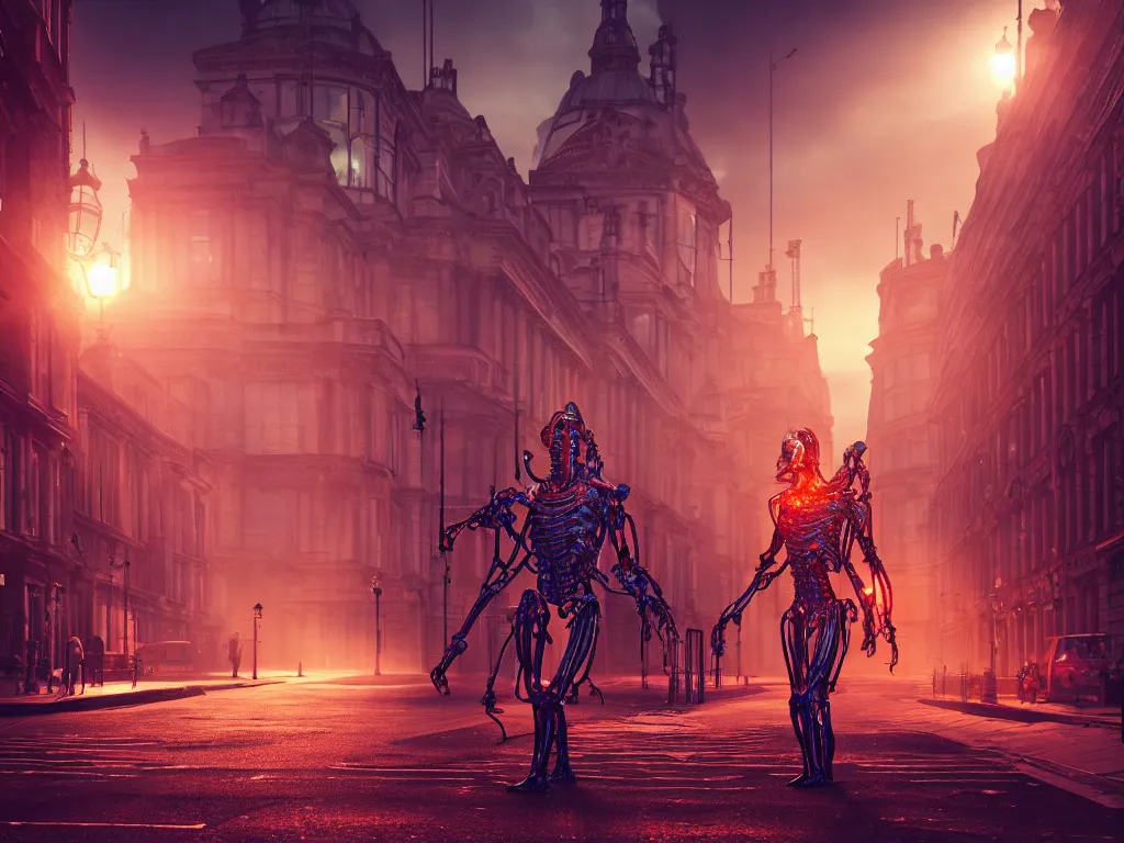 Image similar to an ancient beautiful cyborg of the elder gods in the city of London, London streets in background, colourful, dramatic lighting, golden hour, very detailed octane render very realistic beautiful