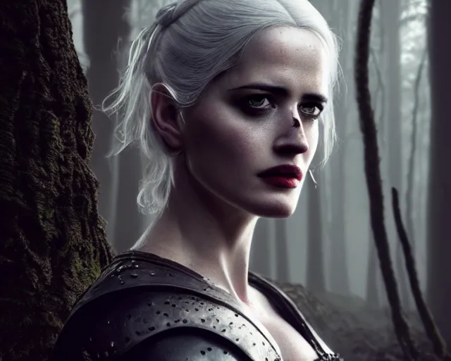 Prompt: 5 5 mm portrait photo of a real life tough looking eva green as ciri in leather armor with silver hair and a large scar along her left cheek, in a magical forest. dark atmosphere. art by greg rutkowski. highly detailed 8 k. intricate. lifelike. soft light. nikon d 8 5 0.