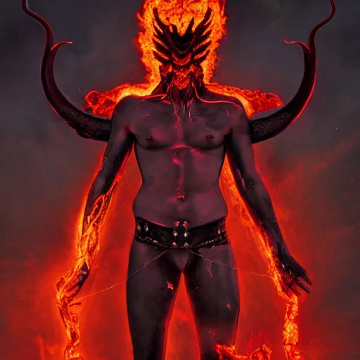 Image similar to Full body photo of asmodeus, he has eyes of fire, he is looking straight to the camera, he has a glow coming from him, she is getting illuminated by lava, behind is an ancient hellscape, the photo was taking by Annie Leibovitz, matte painting, oil painting, naturalism, 4k, 8k