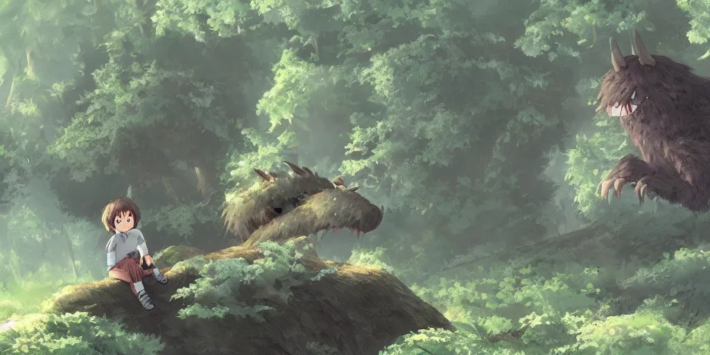 Prompt: a small boy discovers a giant cute fluffy monster in a misty forest, painting by studio ghibli, cgsociety