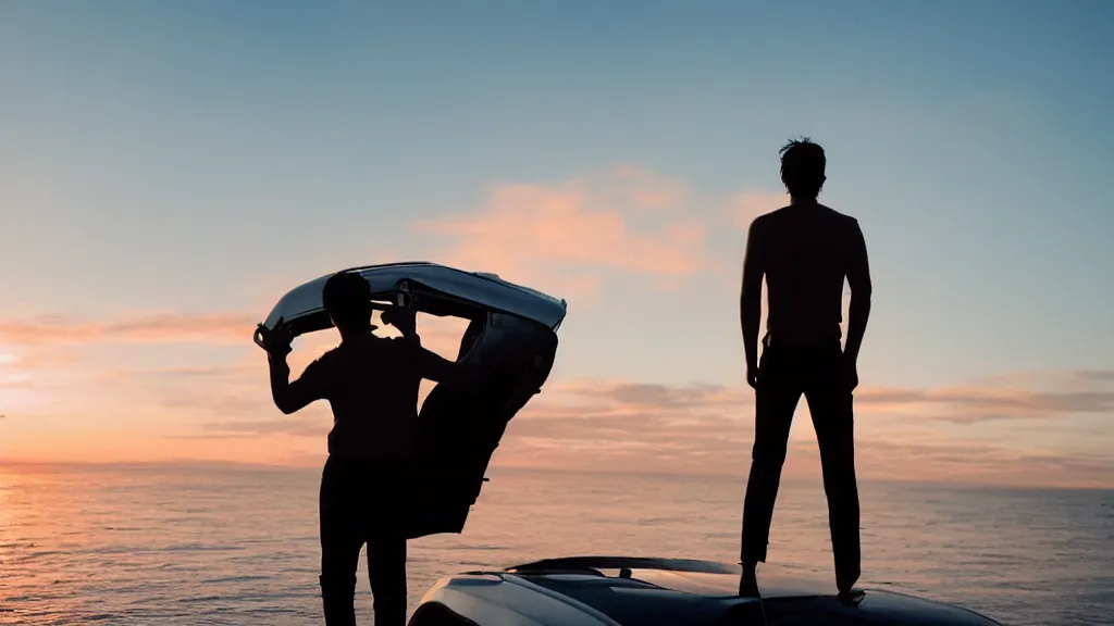 Prompt: a dramatic movie still of a man standing on the roof of a car driving through the ocean at sunset, golden hour