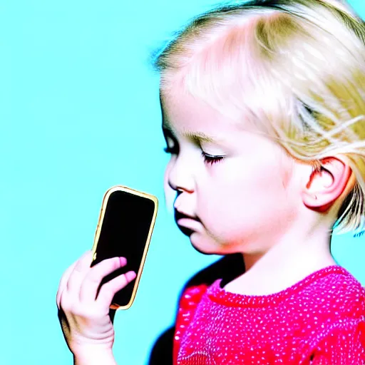 Image similar to 3 year old blonde girl with iphone, colored pencil on white background by eloise wilkin