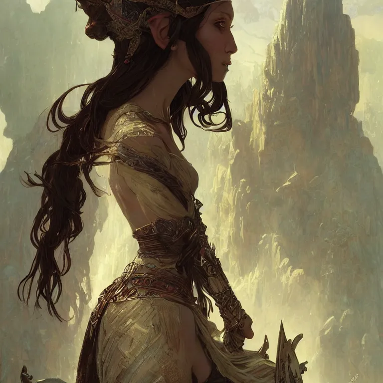 Image similar to portrait of an elf queen, D&D, fantasy, highly detailed, digital painting, artstation, concept art, smooth, sharp focus, illustration, art by greg rutkowski and alphonse mucha