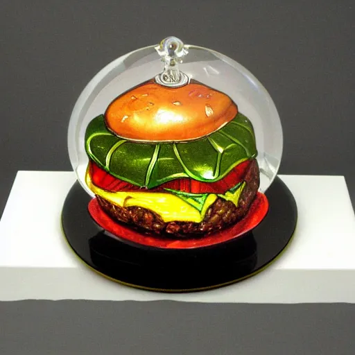 Prompt: a hamburger in the style of louis tiffany. a glass hamburger model