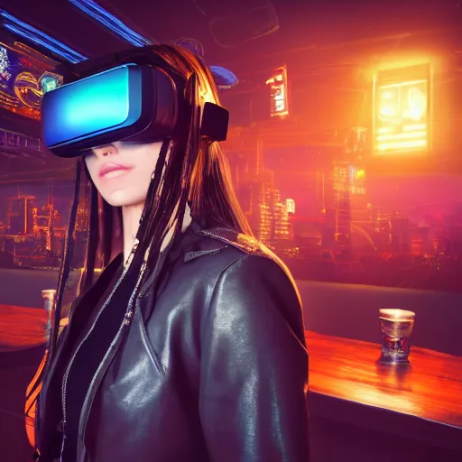 Image similar to a high quality portrait of a beautiful stunning pirate in a cyberpunk cyberpunk cyberpunk cafe wearing a VR visor, realism, 8k, award winning photo