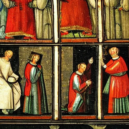 Prompt: 1 5 th century painting of people taking vitamin capsules in the church