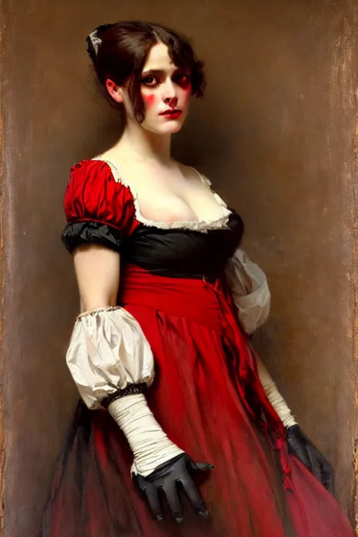 Image similar to solomon joseph solomon and richard schmid and jeremy lipking victorian genre painting full length portrait painting of a young beautiful woman wearing gloves traditional german french actress model pirate wench in fantasy costume, red background