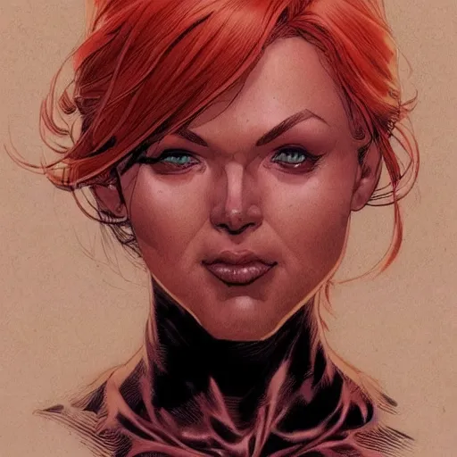 Prompt: a beautiful comic shot artwork portrait of a red-headed woman by Jerome Opeña, featured on artstation