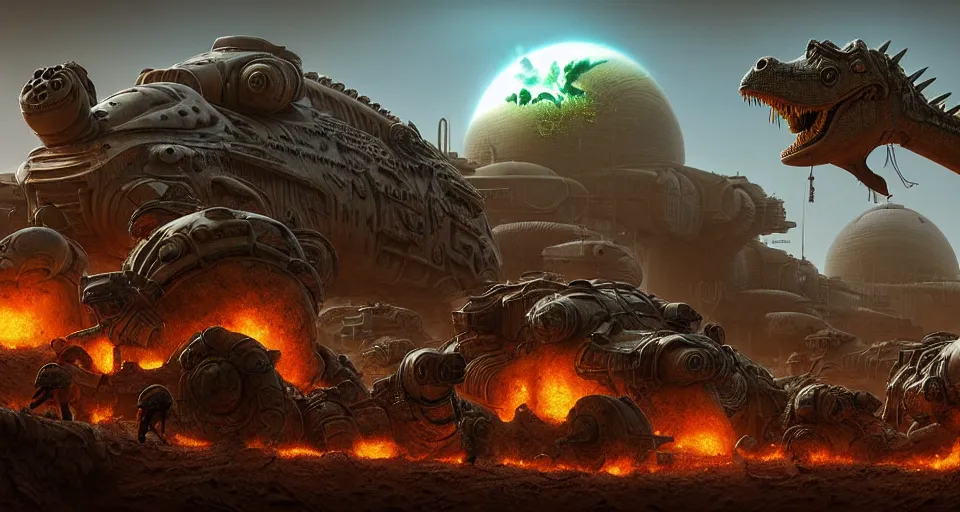 Prompt: pixar running dinosaurs googly eyes, m 1 tank fury road iron smelting pits, warm colored highly detailed cinematic scifi render of 3 d sculpt of spiked gears of war skulls bucketwheel jabbas palace, military chris foss, john harris, hoover dam'aircraft carrier tower'beeple, warhammer 4 0 k, halo, halo, mass effect