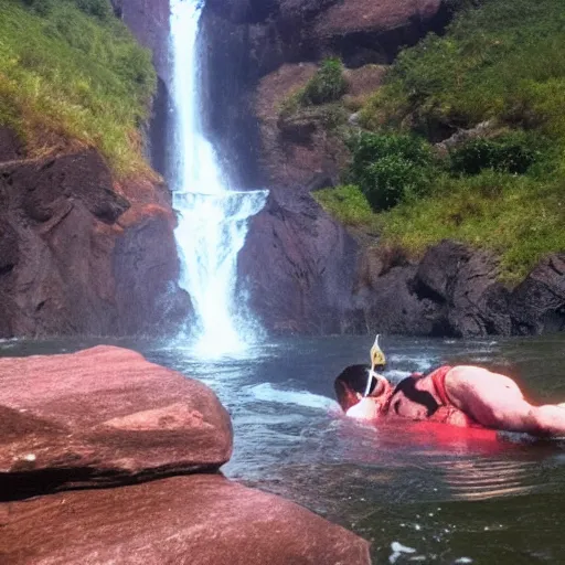 Image similar to a realistic photo of an ultraman swimming in a waterfall in the mountain