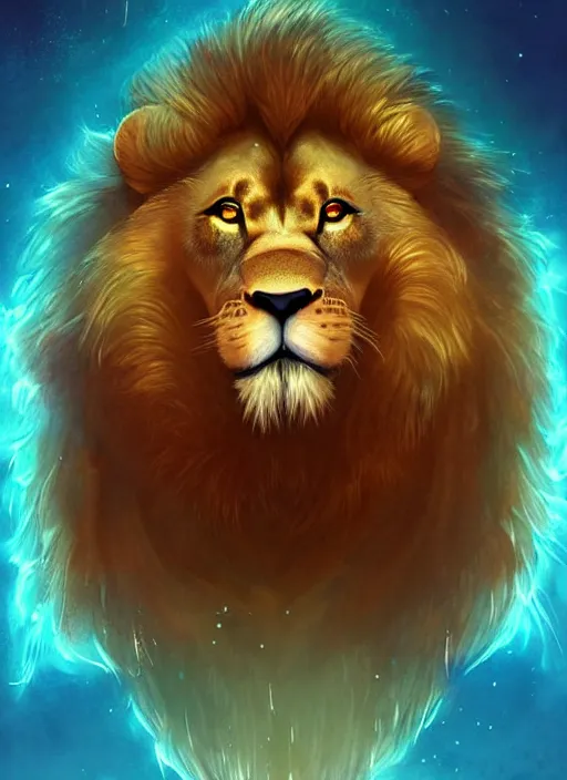 Image similar to award winning beautiful portrait commission of a male furry anthro lion swimming in a beautiful neon bioluminescent sea with beautiful attractive detailed furry face wearing swimmers. Character design by charlie bowater, ross tran, artgerm, and makoto shinkai, detailed, inked, western comic book art