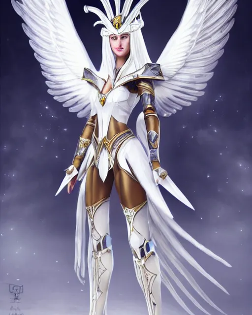 Prompt: perfect white haired attractive egyptian goddess with huge white dove wings, warframe armor, regal, ornate, beautiful, symmetric, dreamy, half asian, pretty face, blue eyes, detailed, scifi platform, laboratory, experiment, 4 k, ultra realistic, epic lighting, android body, illuminated, cinematic, masterpiece, art by akihito tsukushi, voidstar