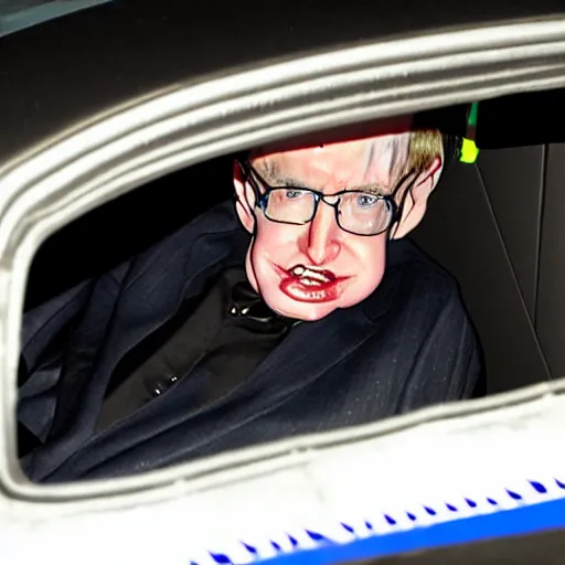 Prompt: stephen hawking in neon lights street racing and trying to escape police
