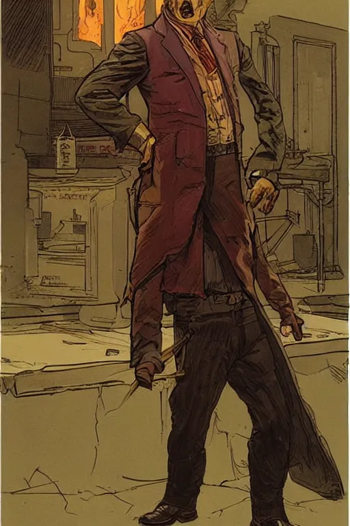 Prompt: vernon. Smug old west circus firebreather. concept art by James Gurney and Mœbius.