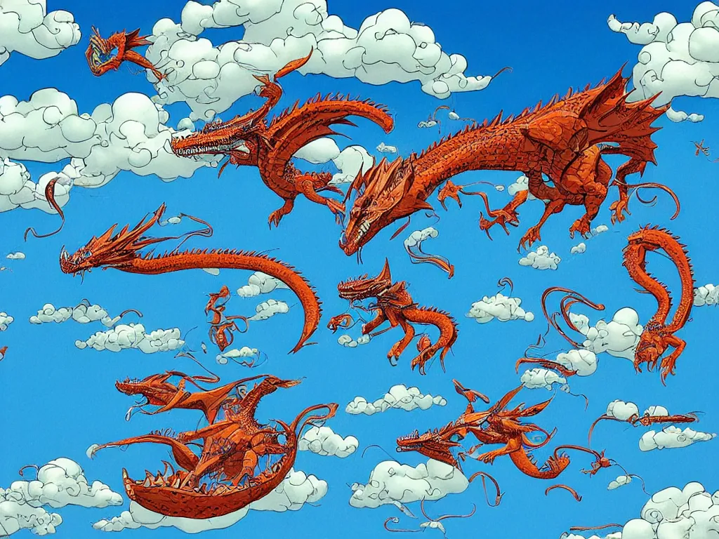 Image similar to blue dragon flying in the clouds, by Geof Darrow and Roger Dean, science fiction, trending on artstation