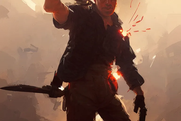 Image similar to a man fights an explosion with a knife, portrait, highly detailed, digital painting, artstation, concept art, smooth, sharp focus, illustration, cinematic lighting, art by artgerm and greg rutkowski and alphonse mucha