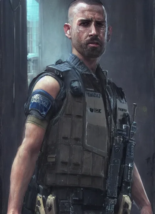 Image similar to 🐷. cyberpunk police trooper in a military vest ( blade runner 2 0 4 9, cyberpunk 2 0 7 7 ). orientalist portrait by john william waterhouse and james gurney and theodore ralli and nasreddine dinet, oil on canvas. cinematic, hyper realism, realistic proportions, dramatic lighting, high detail 4 k