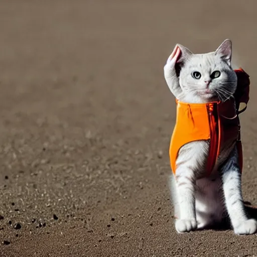 Prompt: cat wearing a spacesuit while walking on martian soil