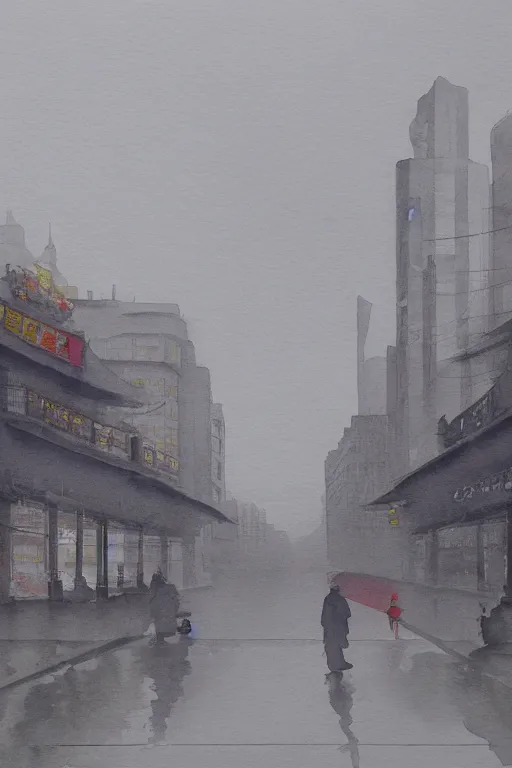 Image similar to A watercolor depicting an empty Shanghai Wujiaochang, gloomy weather, high contrast, smooth, by Joseph Zbikowicz, 8k