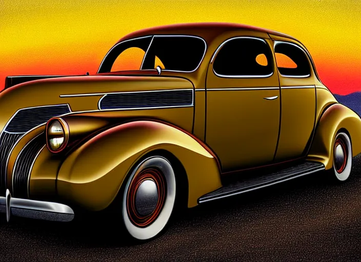 Image similar to beautiful painting, 1 9 3 7 pontiac sedan, two tone, tan with dark brown fenders, california background, sunset, dramatic lighting